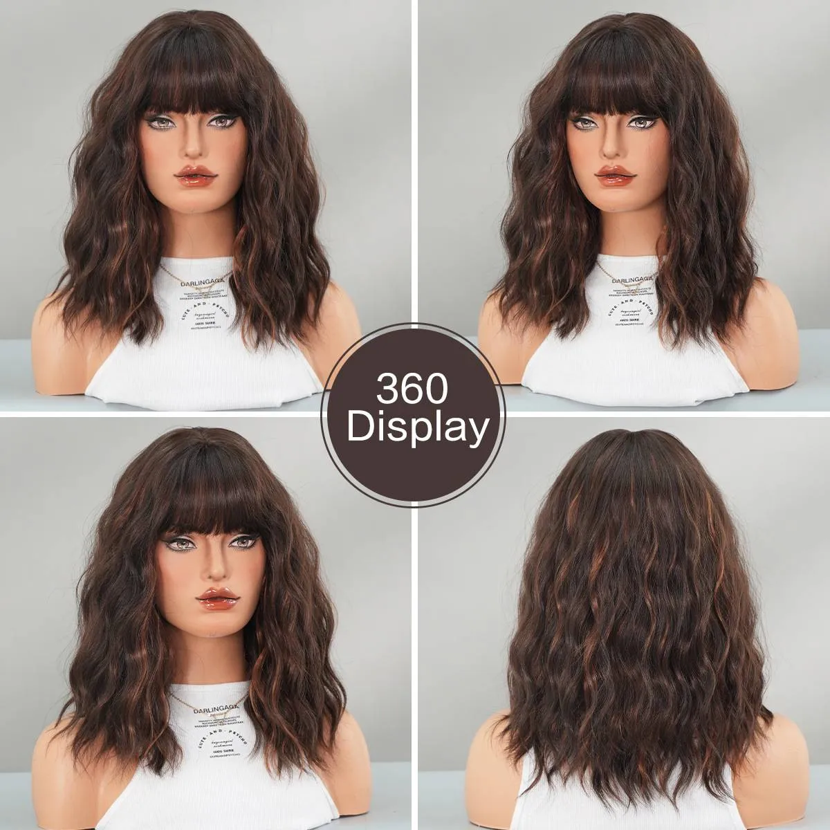 Perruque femme cheveux courts bouclés marron foncé, coiffure complète_voghion.com