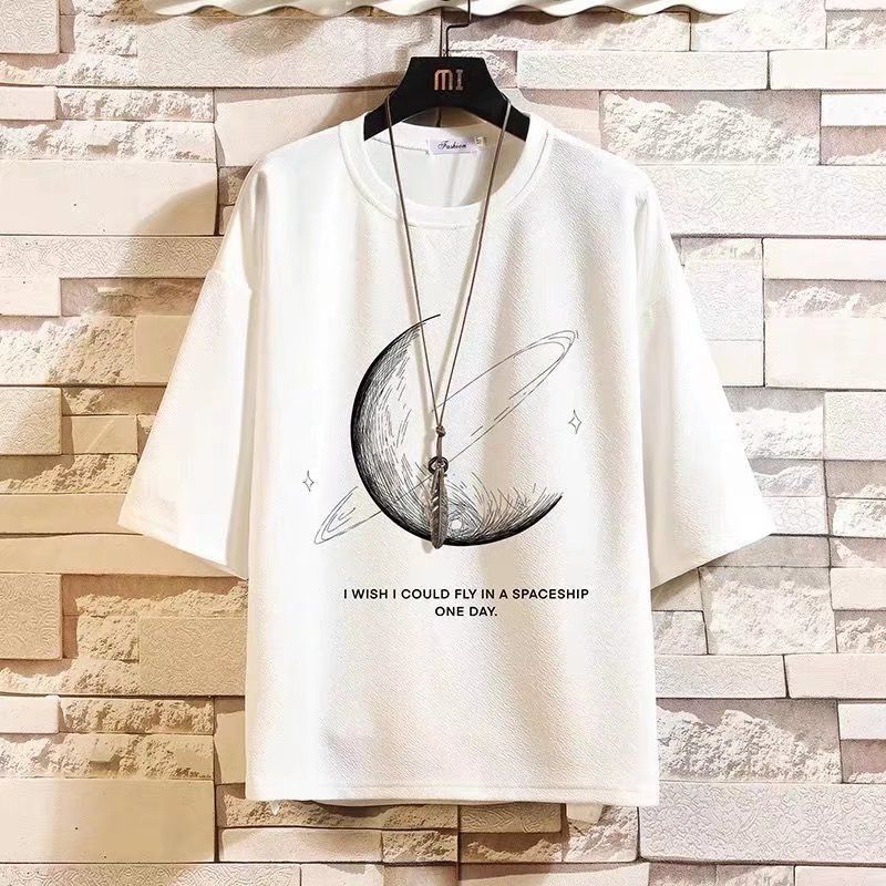 Men's clothing summer three-quarter sleeve T-shirt men's moon print trend loose versatile ice silk short sleeves five-quarter sleeves men_voghion.com