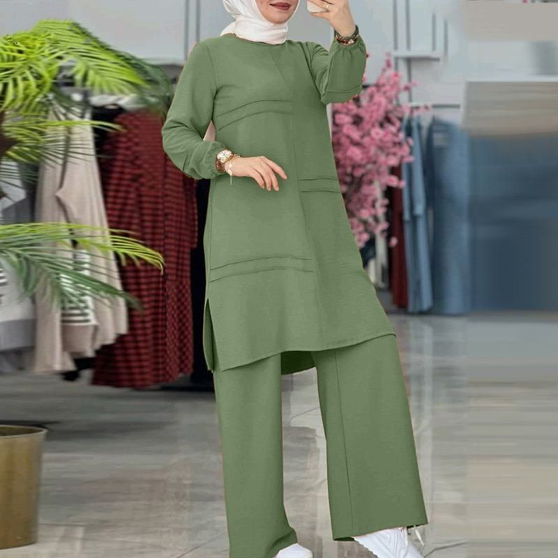 Women's sportswear double bars elegant solid color long-sleeved shirt wide-leg pants suit_voghion.com