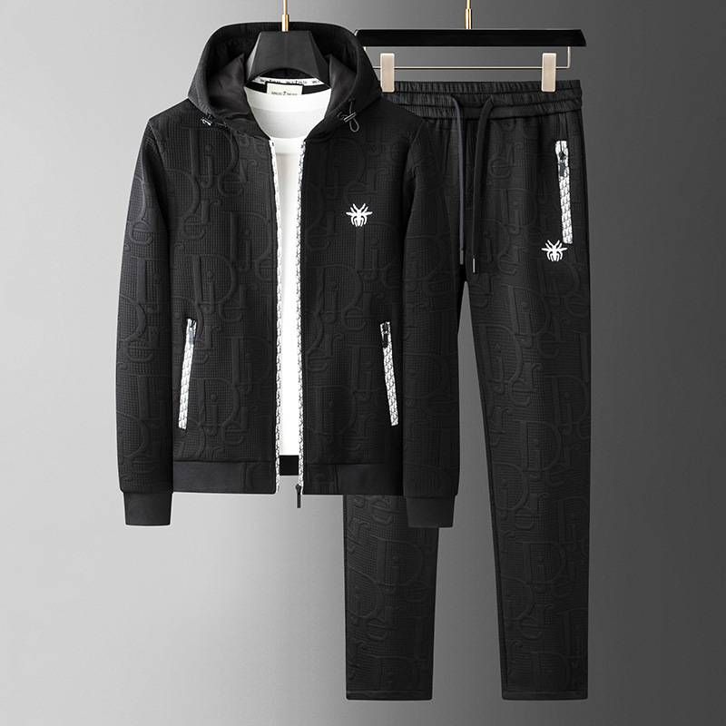 Veste à capuche jacquard haut de gamme européenne, costume décontracté pour hommes, coupe slim tendance, nouveau costume deux pièces pour hommes printemps et automne 2023_voghion.com