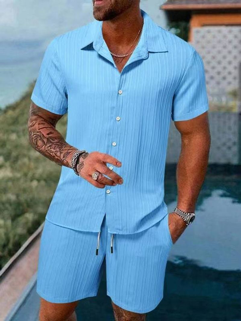 Neues Herren Sommer Freizeithemd Kurzarm Strandhose Set_voghion.com