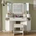 48'' Modern Large Corner Vanity Table With Glass Top, Charging Station, With HD Triple Mirror & Lights, 1Multifunctional Drawers & 2 Small Drawers_voghion.com