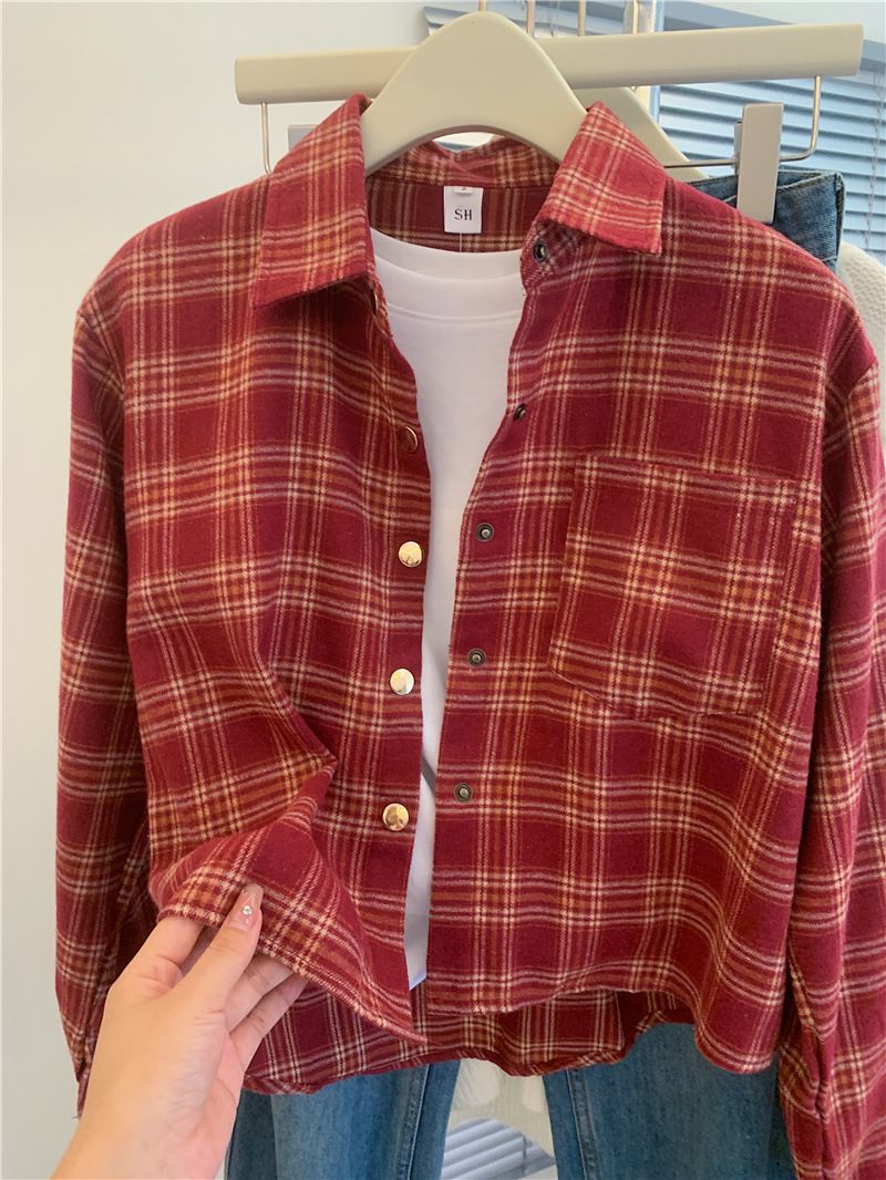 Südkorea Dongdaemun 2024 Frühjahr/Sommer Hemd Jacke frauen Gestapelt Casual Kariert Langarm Kurze Top_voghion.com