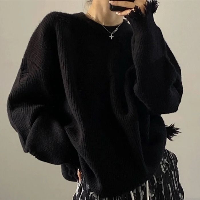 Deeptown Gothic Stil Punk Schwarz Gestrickte Pullover Frauen Oversize Oansatz Goth Grunge Stricken Pullover Koreanische Mode Lange_voghion.com