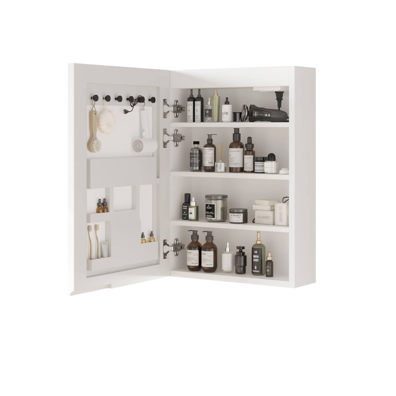 LED-Spiegelschrank mit Stauraum, 3-farbige Beleuchtung, Zeit-/Temperaturanzeige, 2 Steckdosen und USB-Anschlüsse, Acrylrahmen (Weiß), 50 x 15,5 x 70 cm_voghion.com