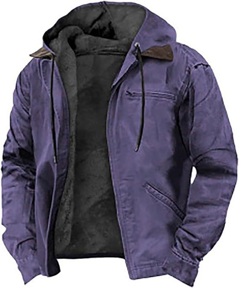 Solid Color Hooded Cotton For Casual Men's Wear With Velvet Zipper Pocket Jacket_voghion.com