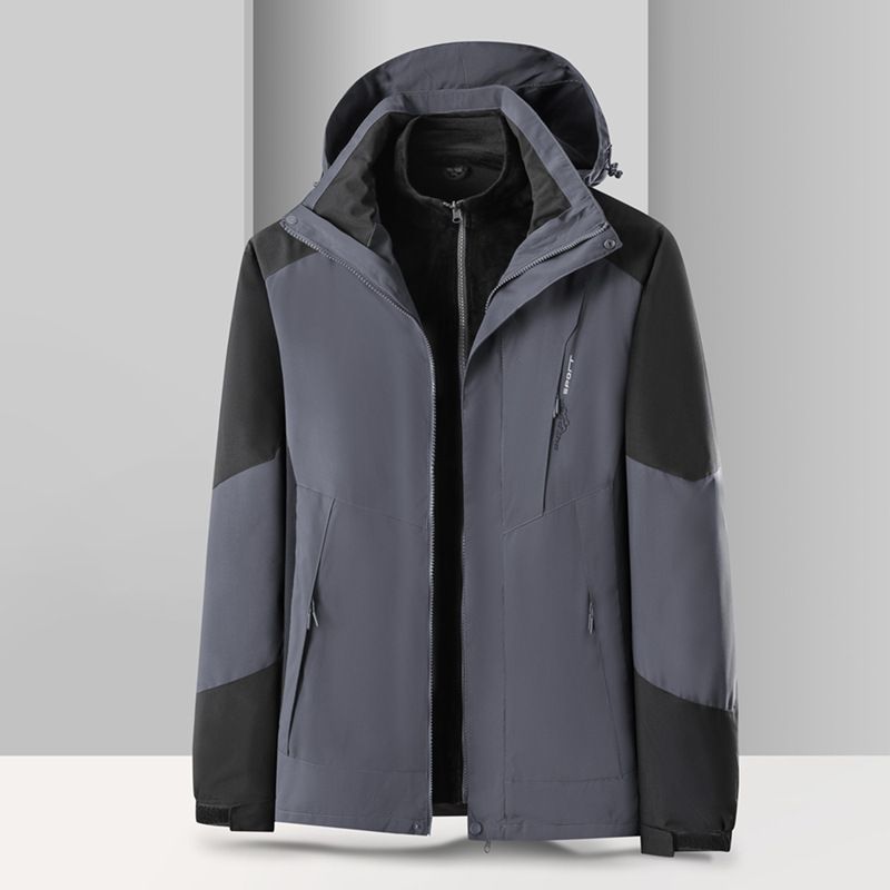 Giacca da uomo 3 in 1, coppie di uomini e donne indossano una fodera in pile staccabile più una giacca spessa in velluto, antivento, impermeabile, da viaggio_voghion.com