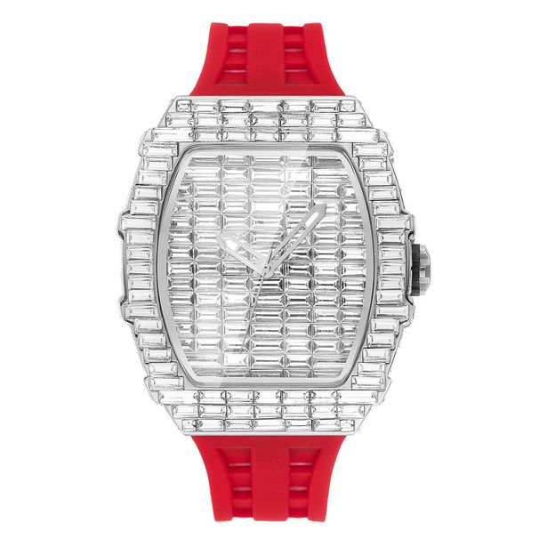 Montre en forme de tonneau avec bracelet en silicone et diamants carrés, style hip-hop_voghion.com