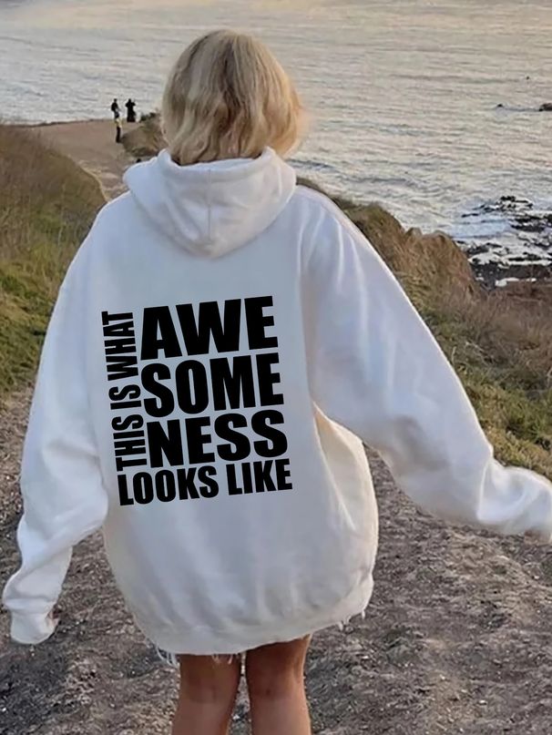 Damen-Fleece-Sweatshirt mit überschnittenen Schultern im Y2K-Stil, einfarbiger Buchstabenprint, Kängurutasche und Kordelzug, Kapuzenjacke_voghion.com