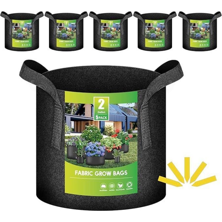 Per la coltivazione di piante in tessuto non tessuto, confezione da 5 sacchetti da giardino da 2 galloni, contenitori, vasi, manici, cinghie, tessuto di aerazione resistente, pesante e ispessito._voghion.com
