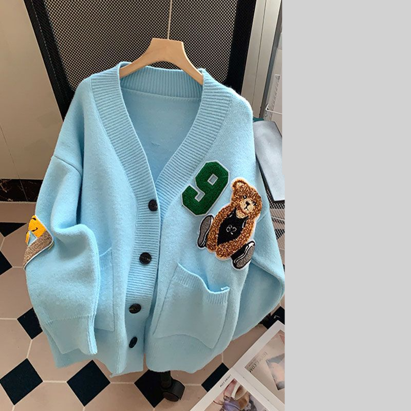 Women's Clothing Cartoon Bear Sweater Jacket Women Autumn And Winter New Version Lazy Style Loose Versatile Knitted Cardigan_voghion.com