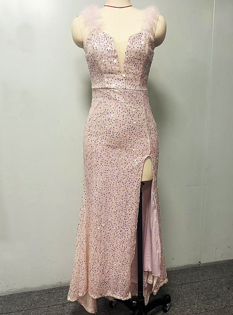  Women's Clothing new sequin temperament commuting solid color mid waist red feather host banquet long skirt evening dress_voghion.com
