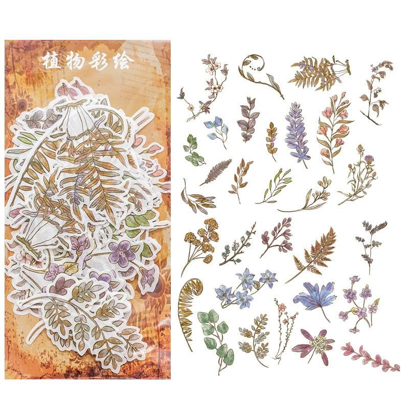 60pcs/pack Japanese Paper Stickers With Mixed Floral And Sparkling Decorations - Vintage Plant Theme, Suitable For Wooden Surfaces_voghion.com