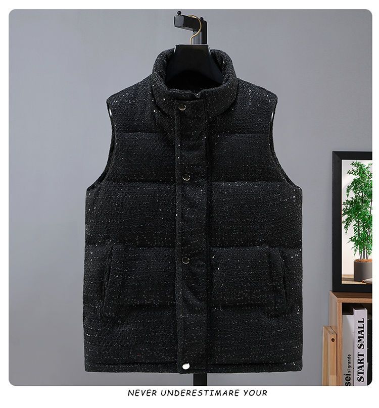 Men's Winter Stand Collar Vest With Plush Lining Style Casual Padded Waistcoat In Linen-Blend Fabric_voghion.com