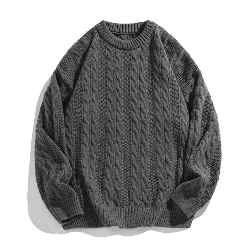 Maglione retrò in maglia a trecce per uomo, pullover pesante e spesso con classico scollo rotondo, stile streetwear e vintage_voghion.com