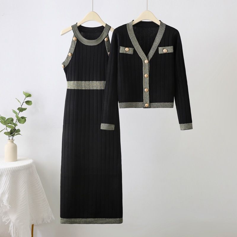 Damenbekleidung Temperament Dame Hohe Taille Mode Zweiteiliges Pulloverkleid 2024 Frühjahr Neues gestricktes Pulloverwestenkleid_voghion.com