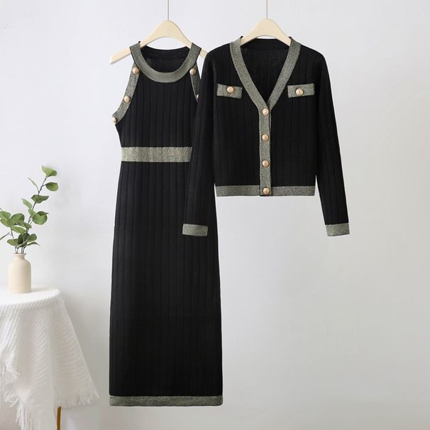 Damenbekleidung Temperament Dame Hohe Taille Mode Zweiteiliges Pulloverkleid 2024 Frühjahr Neues gestricktes Pulloverwestenkleid_voghion.com