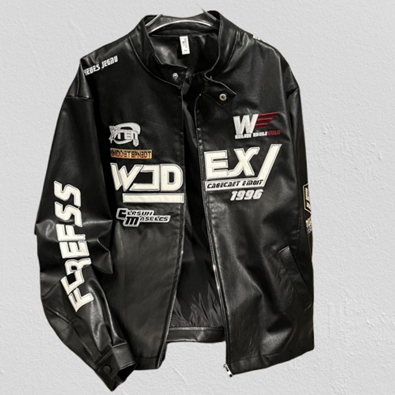 Men's Clothing Racing Suit Embroidered Leather Jacket Hiphop High Street Stand Collar Motorcycle Leather Jacket_voghion.com
