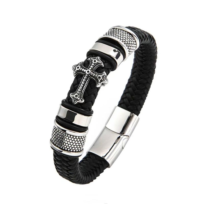Longrui Leder handgewebtes Armband, echtes Leder, gewebtes Kreuz, Herren-Lederarmband, Retro-Lederseil-Armband, Großhandel_voghion.com