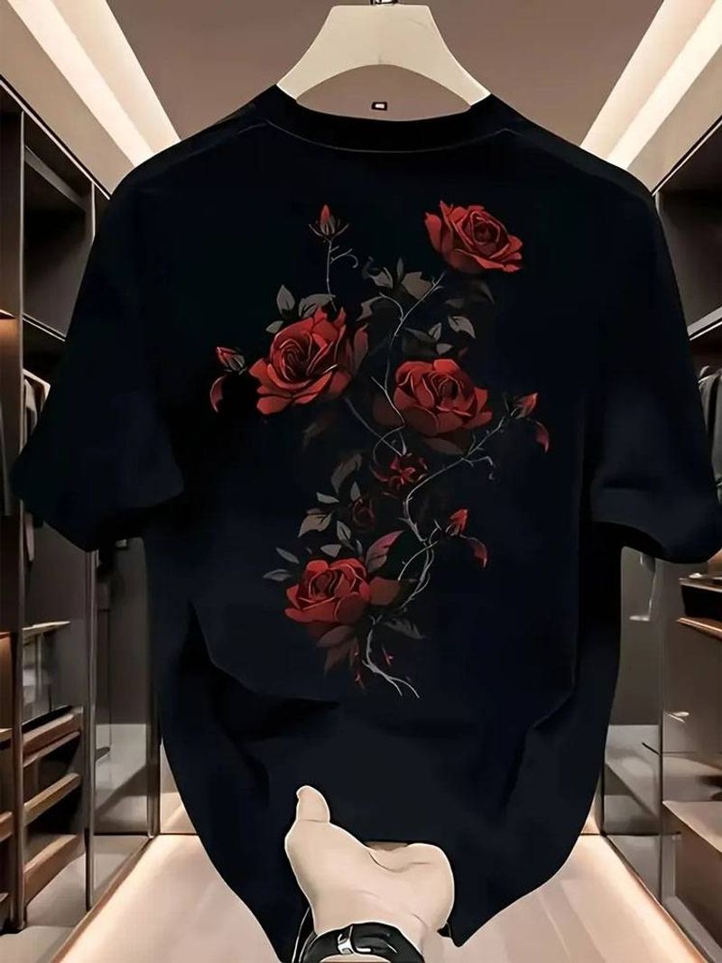 Tricou casual bărbătesc cu mânecă scurtă, 100% bumbac, cu imprimeu floral la modă cu trandafiri roșii - ținută ușoară și respirabilă de vară, bluză din bumbac 240g_voghion.com