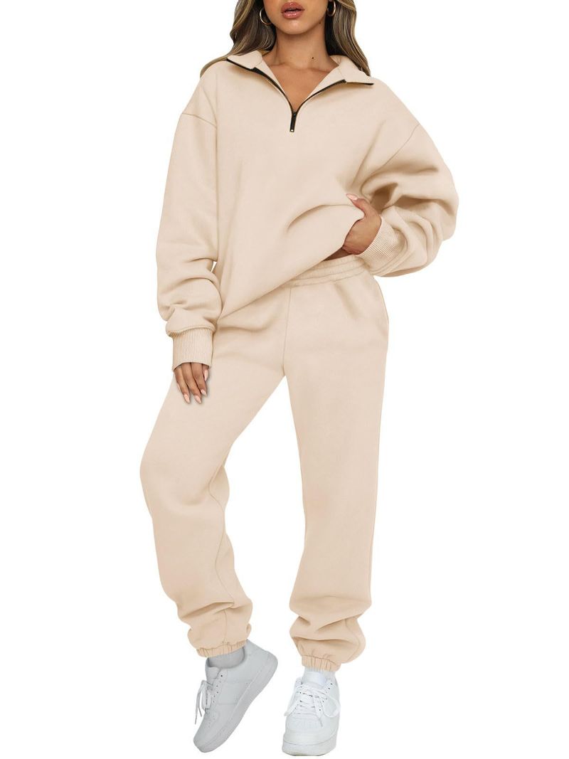 2023 Yeni Kadın Düz Renk Cepsiz Kazak Pantolon Sweatshirt Takımı_voghion.com