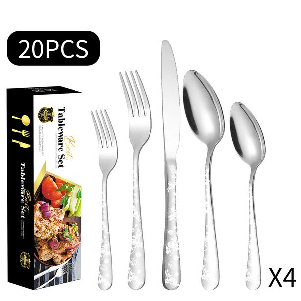 Paslanmaz Çelik Batı Sofra Takımı Bıçak Çatal Kaşık 20 Parça Set Lazer Desen Sap Seti_voghion.com