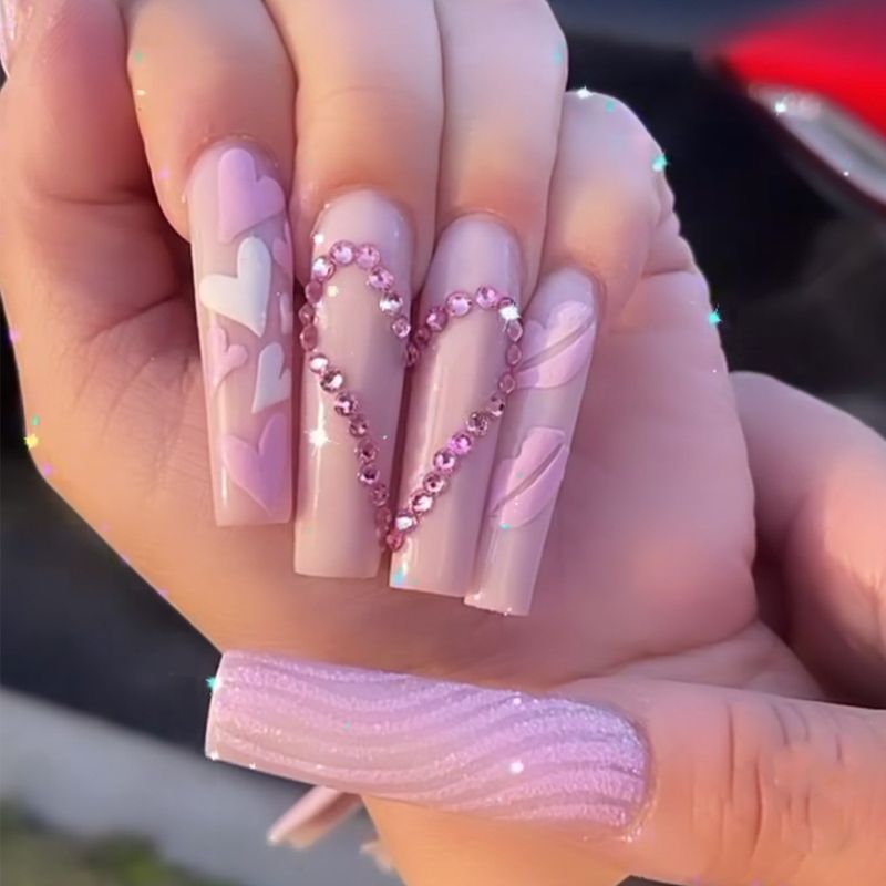 24 stuks roze glitter pers op nagels lange doodskist ballerina kunstnagels draagbare Franse nepnagels met hart-shap lg_voghion.com