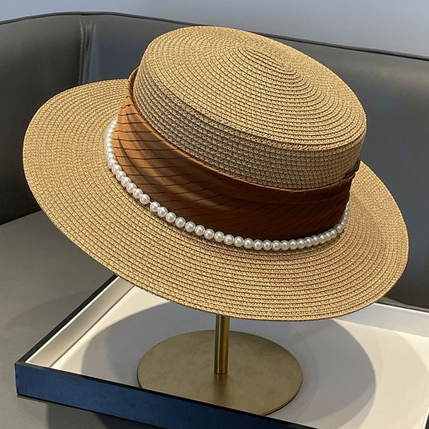 Pure style flat top flat edge twill ribbon pearl chain fine knitting grass good women's straw hat_voghion.com