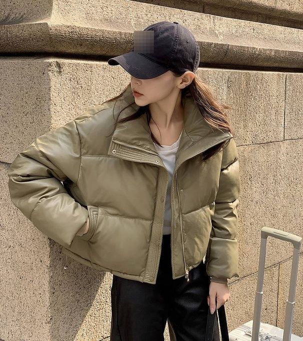 Damen-Pufferjacke aus PU-Leder mit gestepptem Design, kurzer Wintermantel, leichte, warme Oberbekleidung für Streetwear-Mode_voghion.com