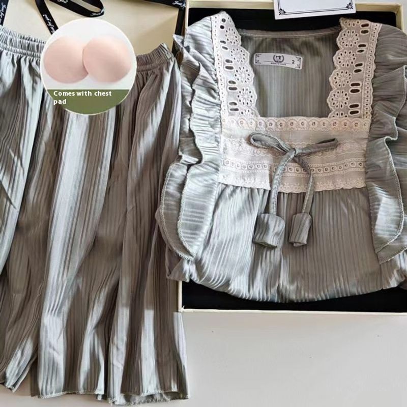 Pajama women's summer solid color milk cotton lace ins style short sleeved shorts two-piece home outfit_voghion.com