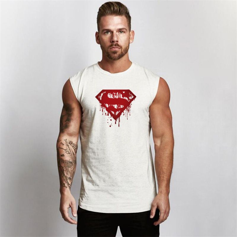 Summer Sports Sleeveless T-shirt Men's Bodybuilding Fitness Superman Tight Tank Top Pure Cotton Running Training Clothes_voghion.com