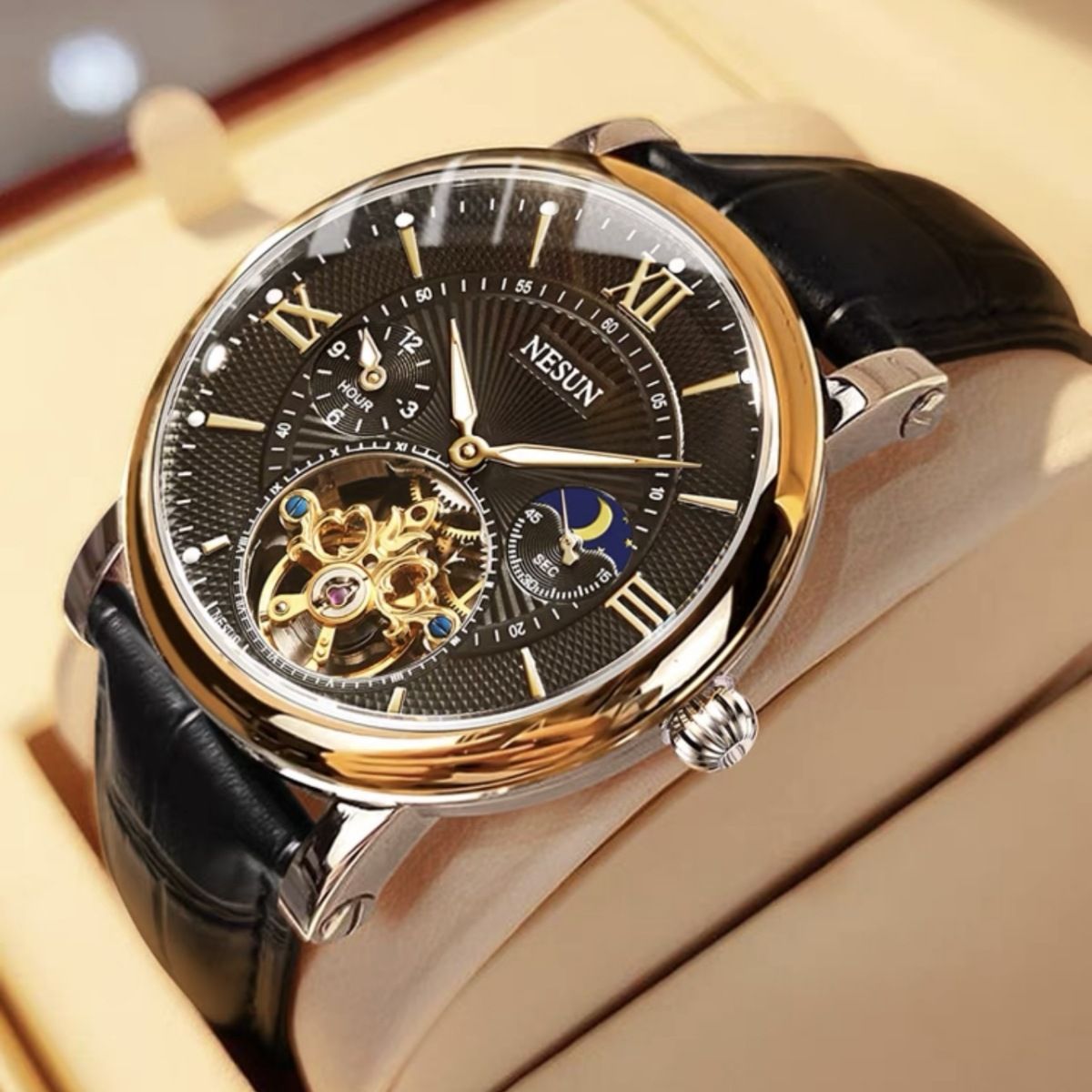 Orologio meccanico completamente automatico NESUN con luce notturna, impermeabile, alla moda, con volano cavo, da uomo, 9091_voghion.com