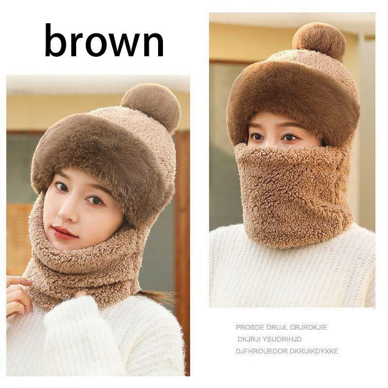 Winterschal-Set mit Kapuze, Damen-Plüschschal, warme Mütze, Outdoor-Ski, winddichte Mütze, verdickter Plüsch, flauschige Wollmütze_voghion.com