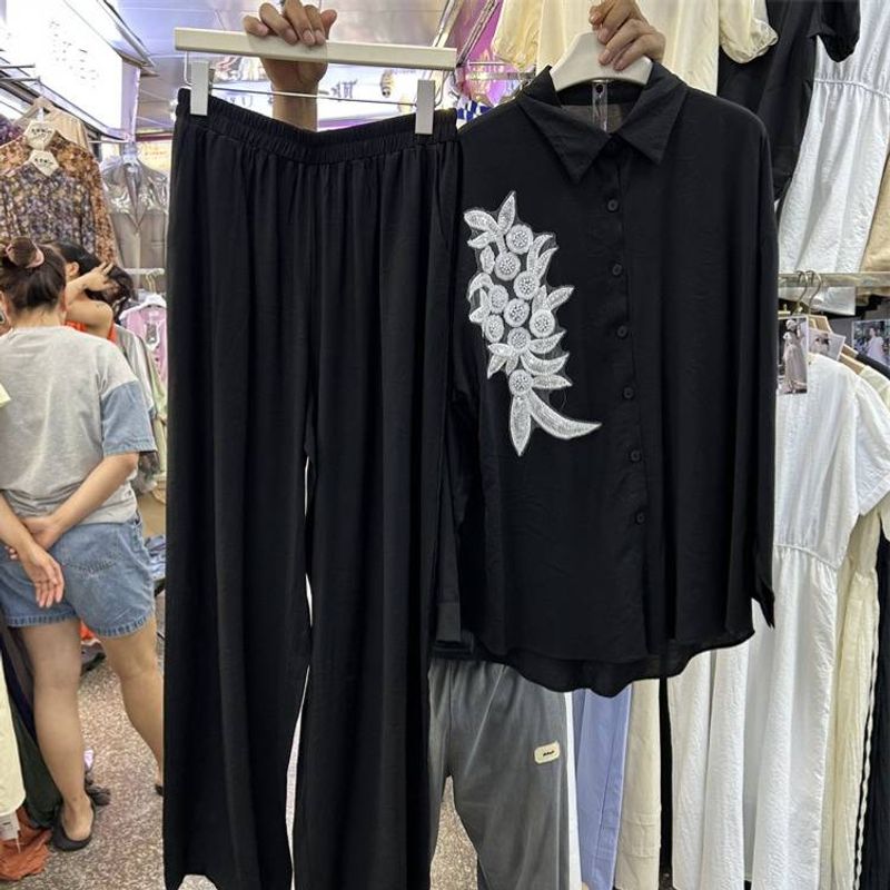 Damenbekleidung Schweres Design Loses Hemdoberteil aus Baumwolle und Leinen Elastische Taille Hose mit weitem Bein Zweiteiliger Anzug_voghion.com