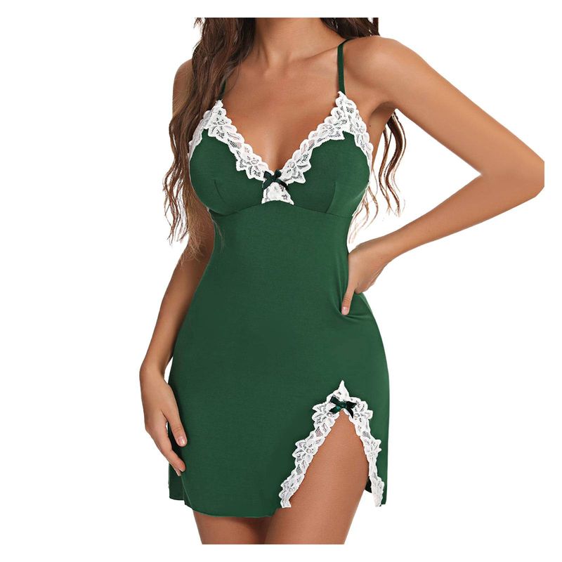 Nachthemd mit kontrastierender Spitze, sexy Schlafkleid mit tiefem V-Ausschnitt und seitlichem Schlitz, Nachtwäsche und Kleider für Damen_voghion.com
