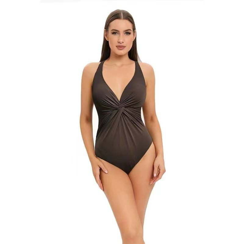 European and American sexy jumpsuit women's solid color belly covering slimming swimsuit_voghion.com