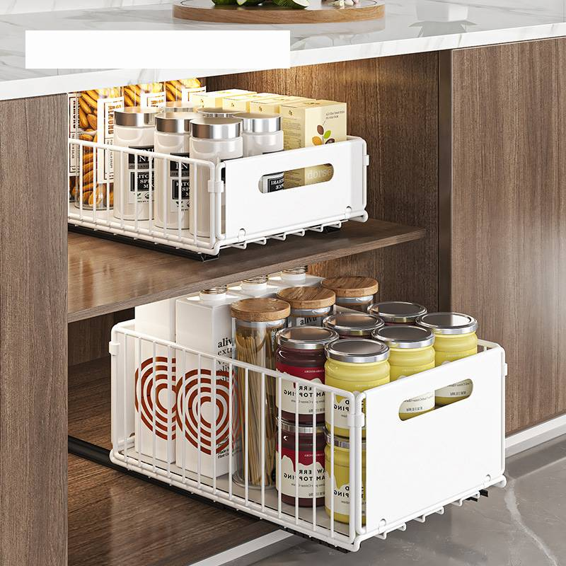 Étagère de rangement de cuisine, panier coulissant, double couche, pour assaisonnements, collations, bouteilles, armoire à plusieurs niveaux_voghion.com