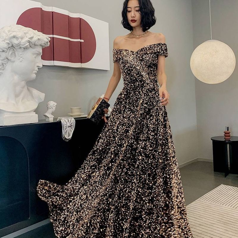 Women's Clothing Khaki Gold New Sequined One Shoulder Slimming Annual Meeting Banquet Toast Dress Bride Evening Dress_voghion.com