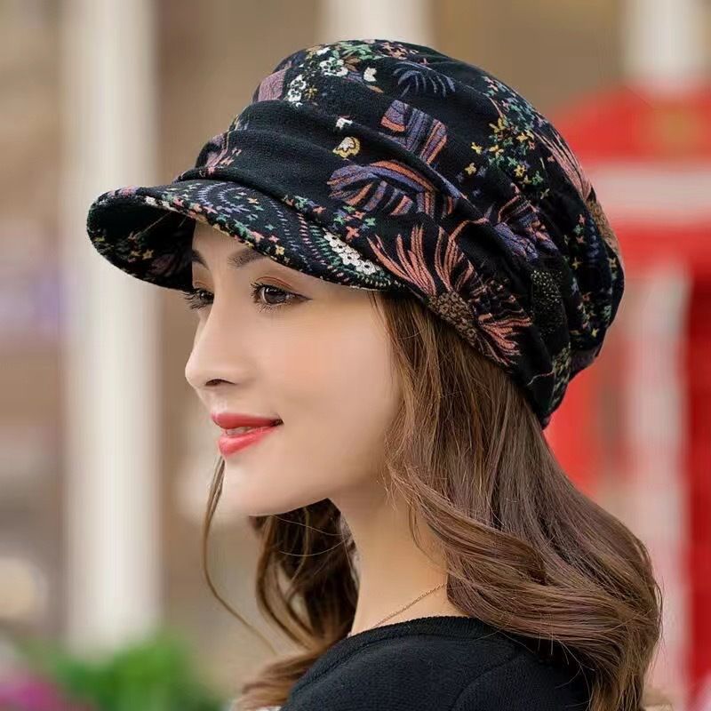 Autumn Winter New Plush Flower Warm Hat For Women Middle-aged And Soft Brim Ethnic Style Elderly Duckbill Cap_voghion.com