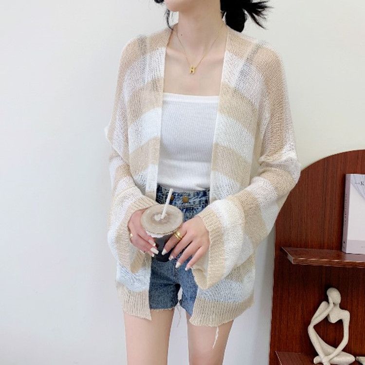 Women's Clothing Striped Mohair Knit Cardigan - Long Sleeve Lightweight Open Front Cover-Up For Spring & Summer_voghion.com
