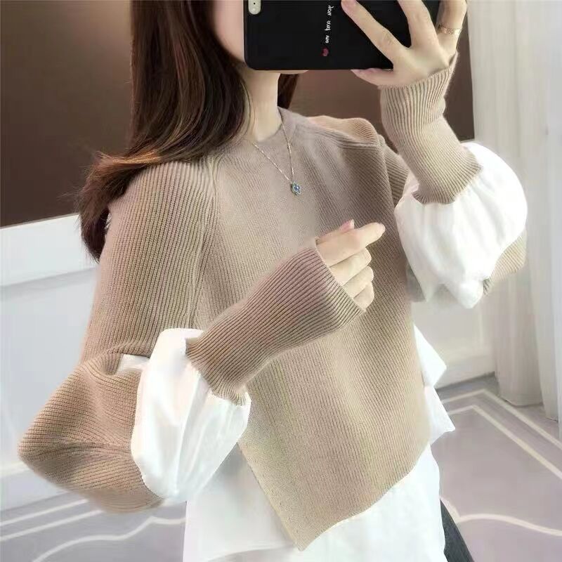 Finto maglione da donna a due maglie lavorato a maglia dal design senso di tutto con camicia in stile straniero con cuciture sul fondo sottile_voghion.com