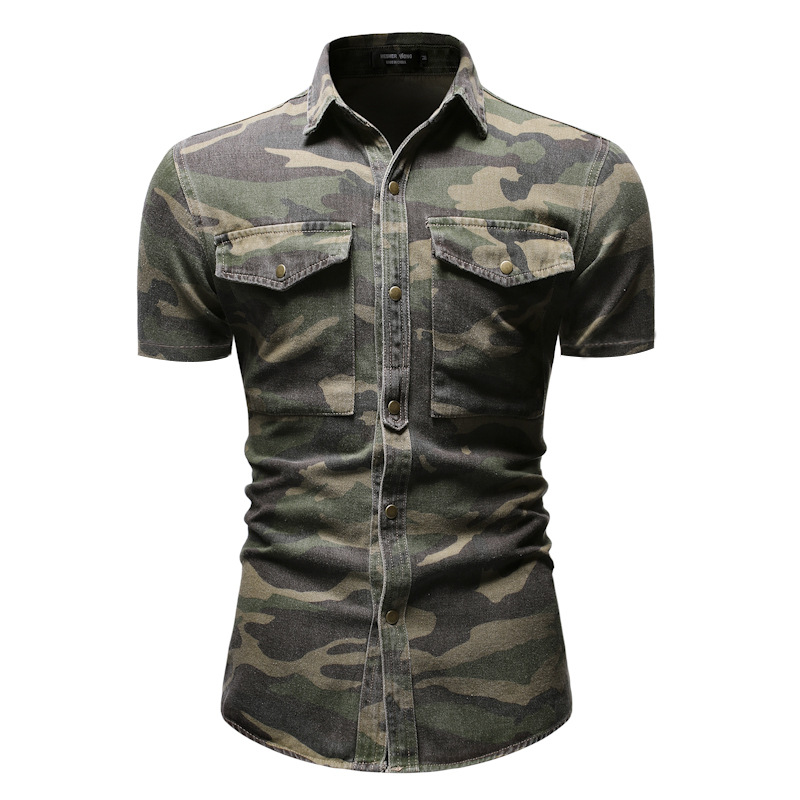 Herrenbekleidung Denim-Kurzarmhemd Personalisiertes Camouflage-Denimhemd_voghion.com