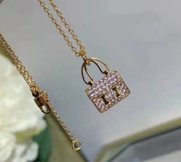 Zlatá kabelka, taška, designový přívěsek, náhrdelník pro ženy, bílý diamant, kámen, štěstí, jednoduchý, klasický, krátký řetízek, náhrdelník, láska_voghion.com