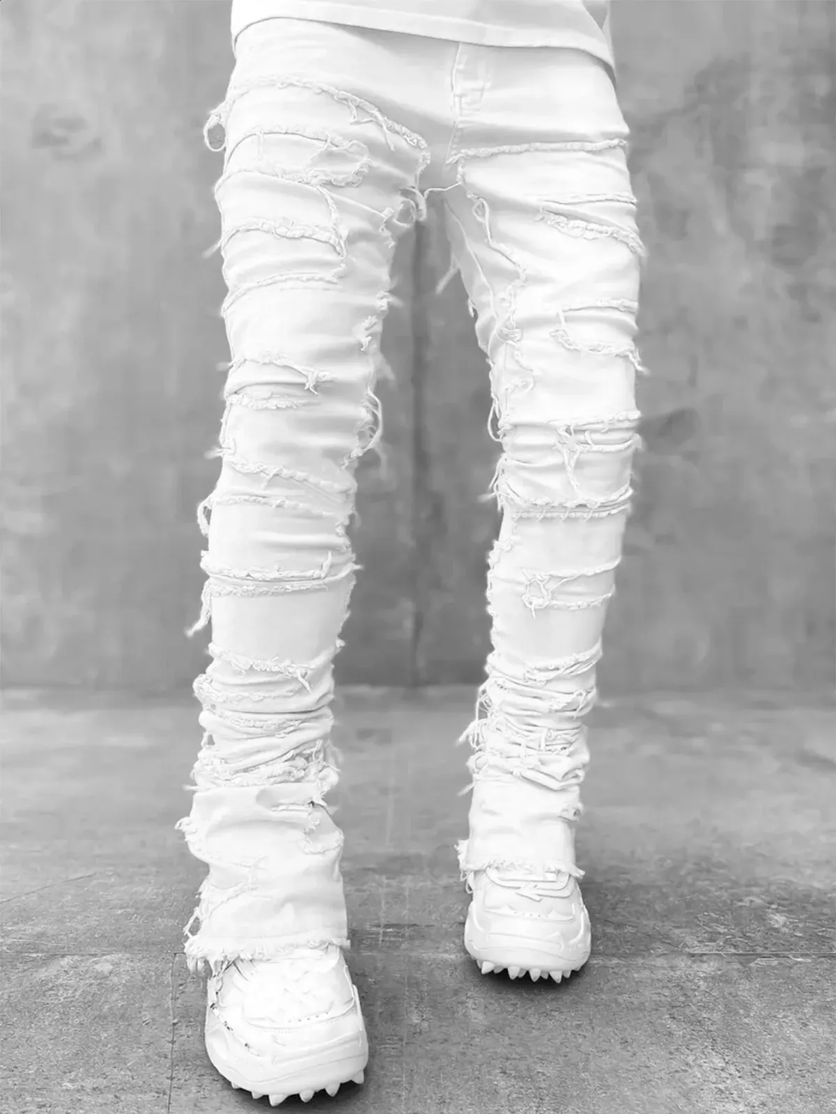 Spring Autumn Individual Patched Black Pants Long Tight Fit Stacked Jeans For Men 240819_voghion.com