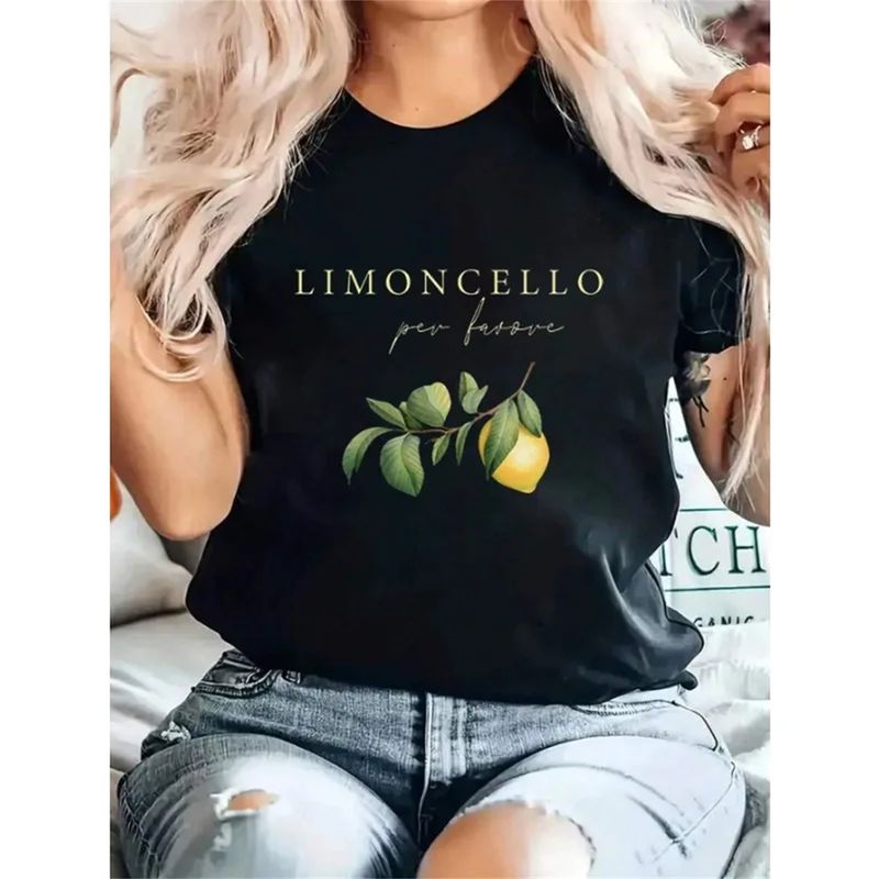Camiseta feminina casual de verão com gola redonda e slogan Lemon Slogan LIMONCELLO Per Favore, camiseta harajuku plus size confortável para rua._voghion.com