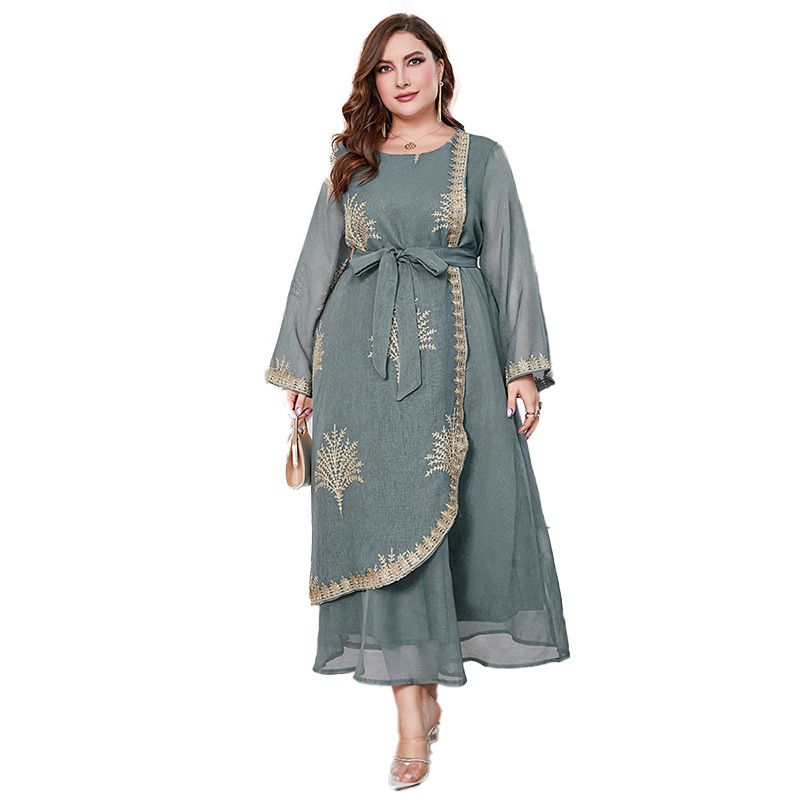 Muslim Women's Robe Fashion Round Neck Retro Applique Belt Large Size Dress_voghion.com