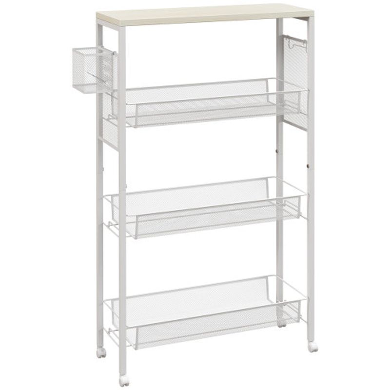HOMCOM Küchenwagen Servierwagen 3 Ebenen Mit Korb Arbeitsplatte Haken Aus Stahl 58x18,5x87 Cm In Weiß Für Küche & Esszimmer_voghion.com