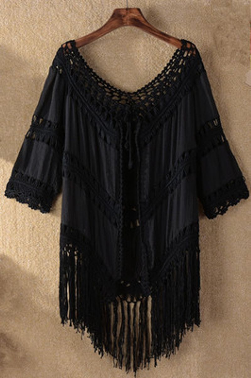 Women's Clothing Stitching Tassel Solid Color Woven Hollow Sunscreen Top_voghion.com