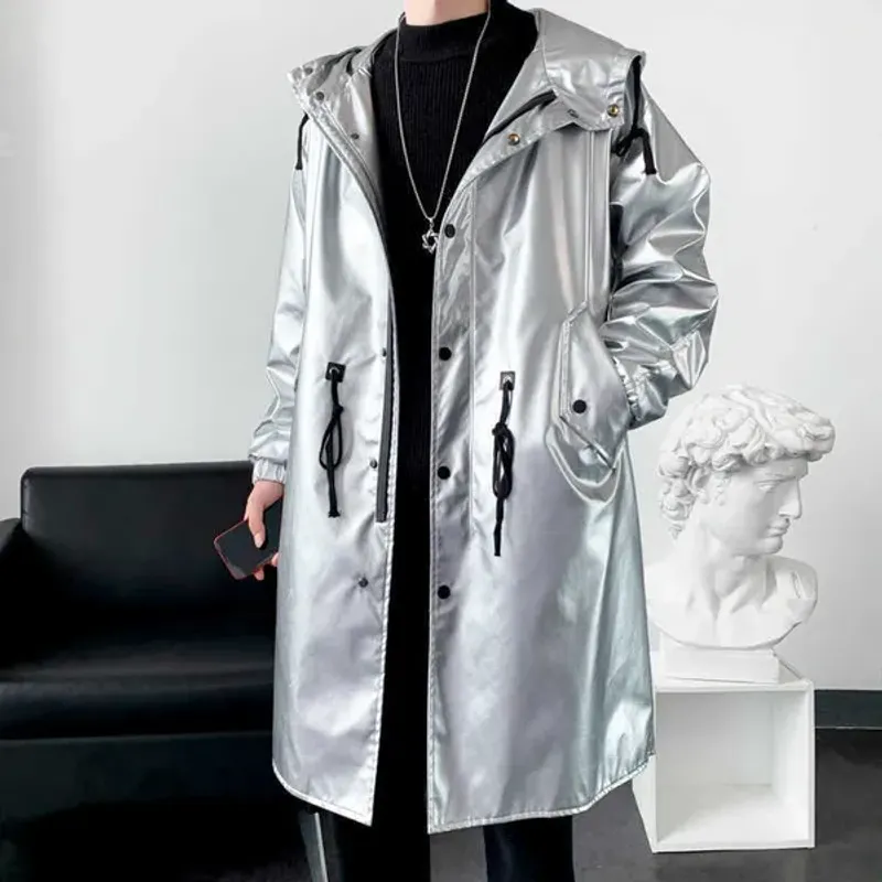 Trench da uomo #7057 in similpelle nera, con superficie lucida, in PU, con cappuccio, casual, lungo, ampio_voghion.com