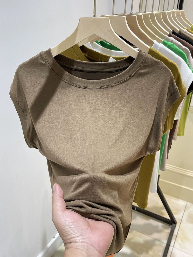 Damenbekleidung Kleine fliegende Ärmel Lose Kurzarm-T-Shirt Damen Sommer Lose Oberteile Schlanke Unterhemd Frühling Frauen können draußen tragen_voghion.com